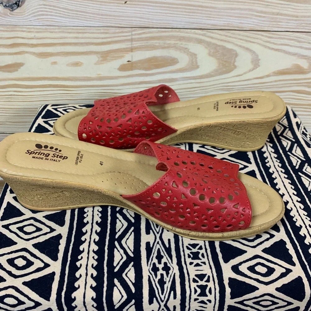 Spring Step Sandals US 10‎ Red Leather Laser Cut Wedges Italy EU 41 Tomato Girl